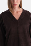 Koyu Kahve V Yaka Uzun Kollu Kadife Sweatshirt