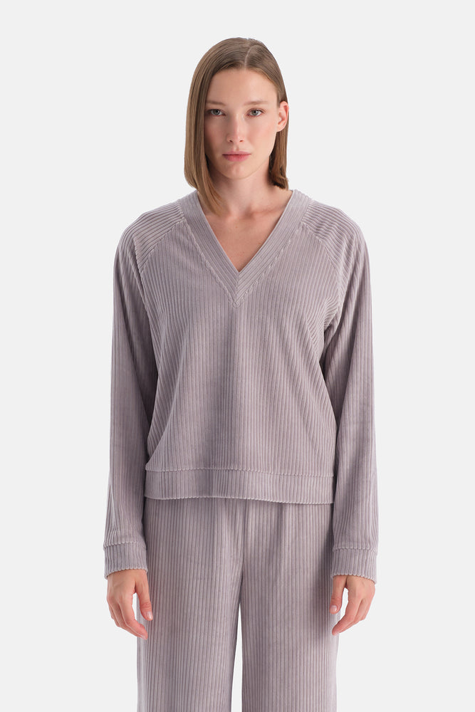 Açık Lila V Yaka Uzun Kollu Kadife Sweatshirt