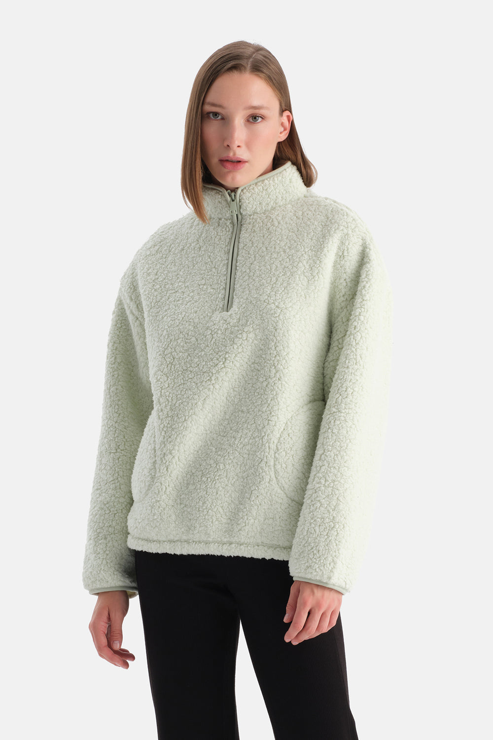 Mint Yeşili Kadın Yarım Fermuarlı Sweatshırt