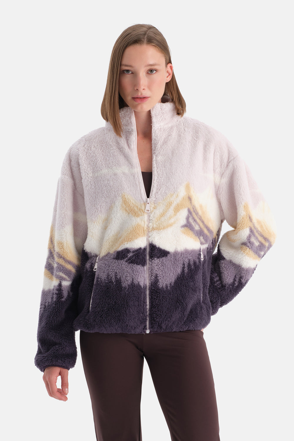 Multicolor Kadın Dağ Baskılı Polar Sweatshirt