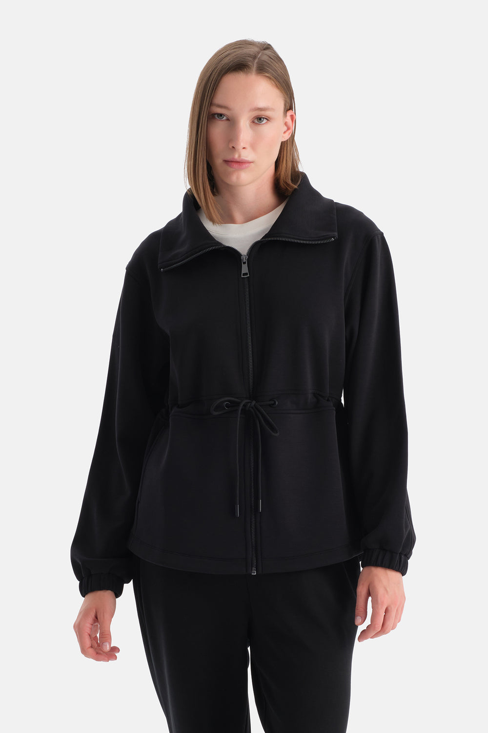 Siyah Kadın Bel Büzgülü Uzun Modal Sweatshirt