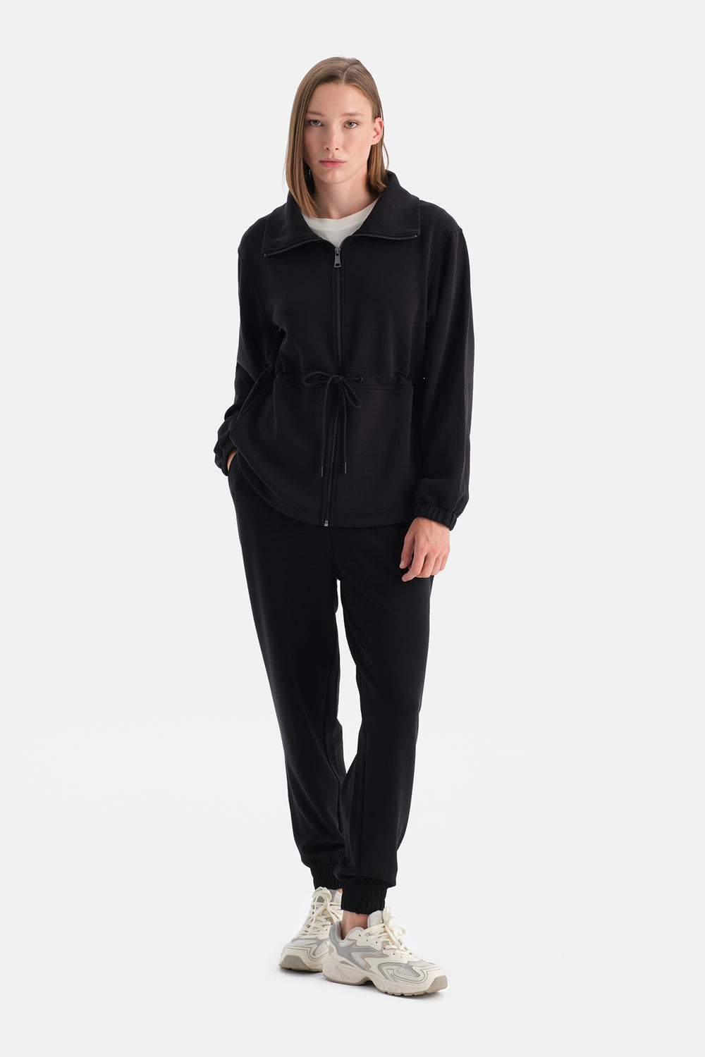Siyah Kadın Bel Büzgülü Uzun Modal Sweatshirt