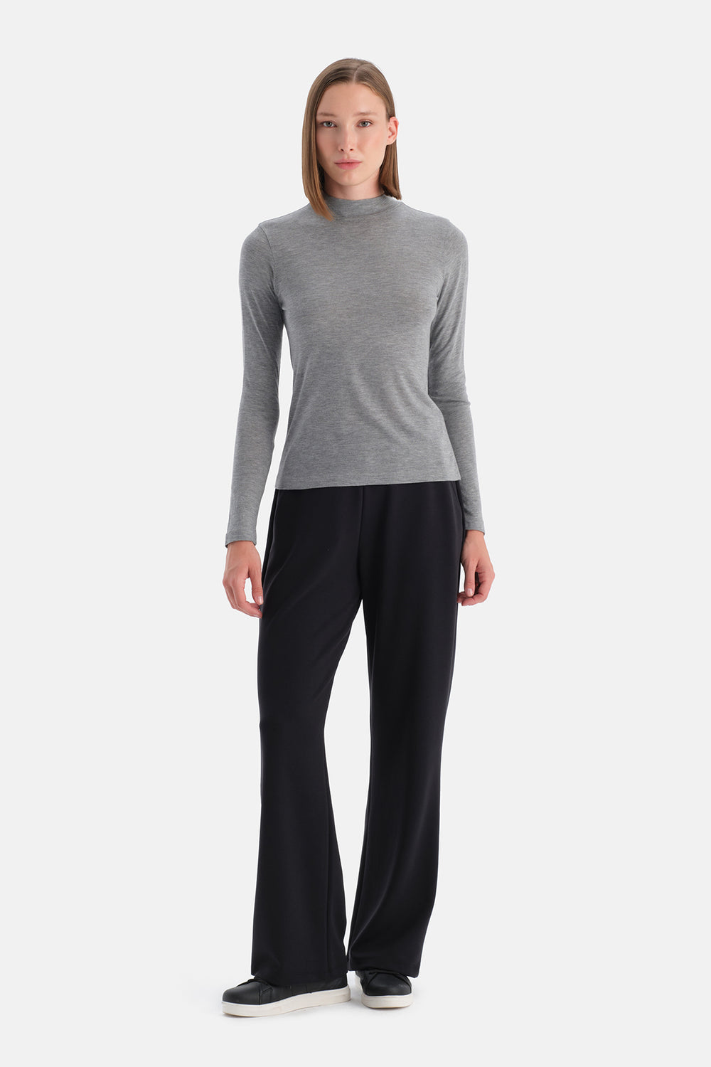 Gri Melanj Travel Balıkçı Yaka Uzun Kollu Bluz