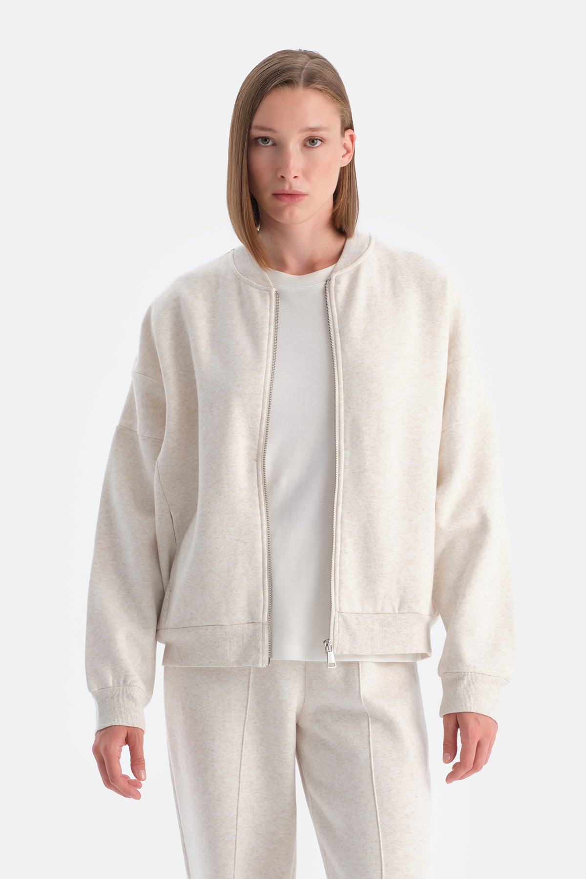 Ekru Melanj Travel Fermuarlı Üç İplik Sweatshirt