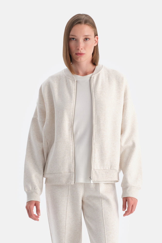 Ekru Melanj Travel Fermuarlı Üç İplik Sweatshirt