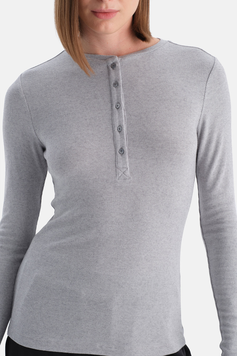 Gri Melanj Yarım Düğmeli Kaşmir Modal Uzun Kollu Tişört