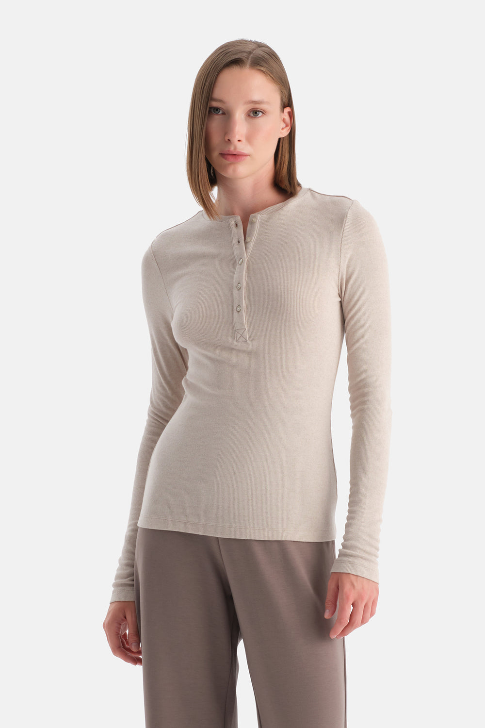 Sütlü Kahve Yarım Düğmeli Kaşmir Modal Uzun Kollu Tişört