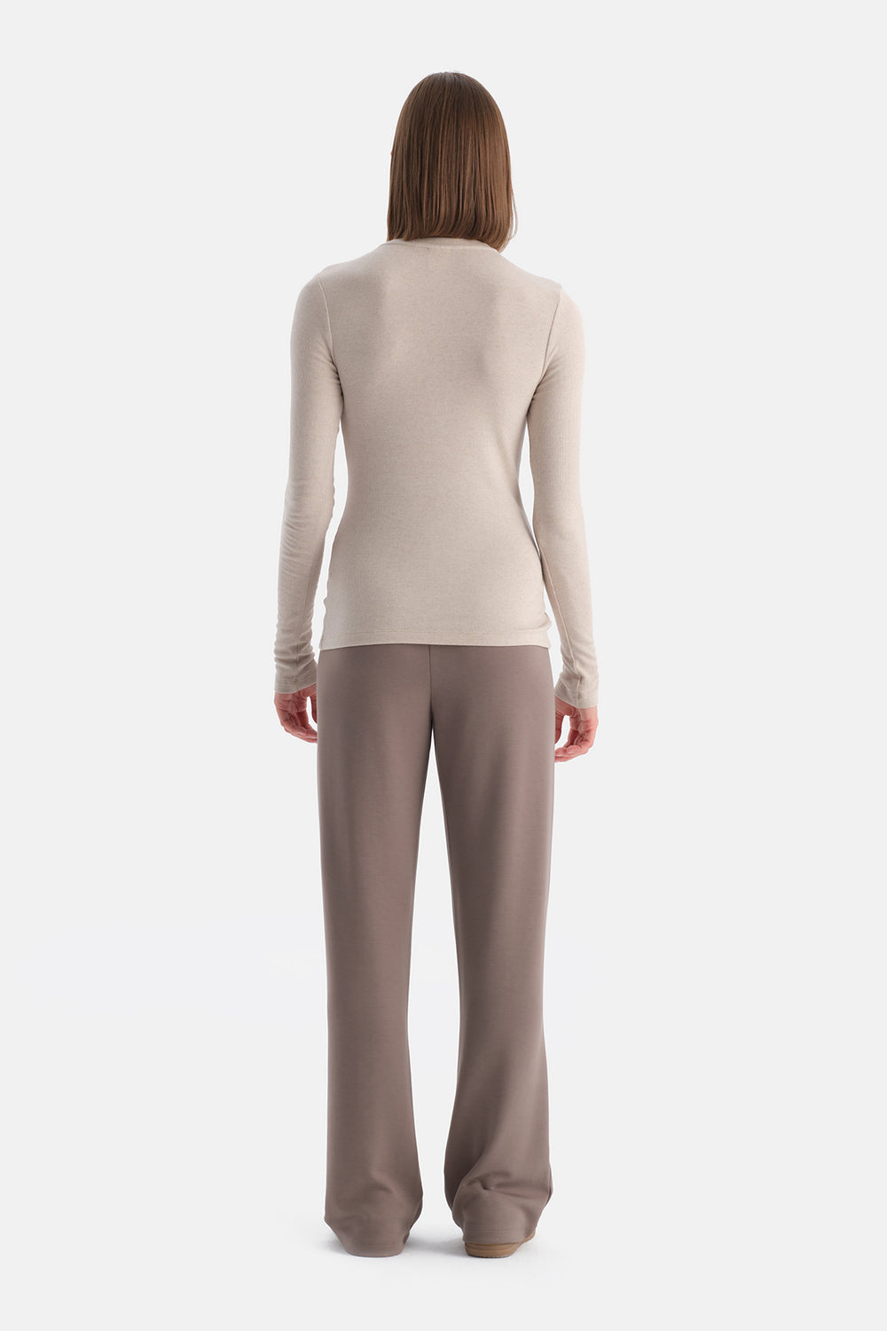 Sütlü Kahve Yarım Düğmeli Kaşmir Modal Uzun Kollu Tişört