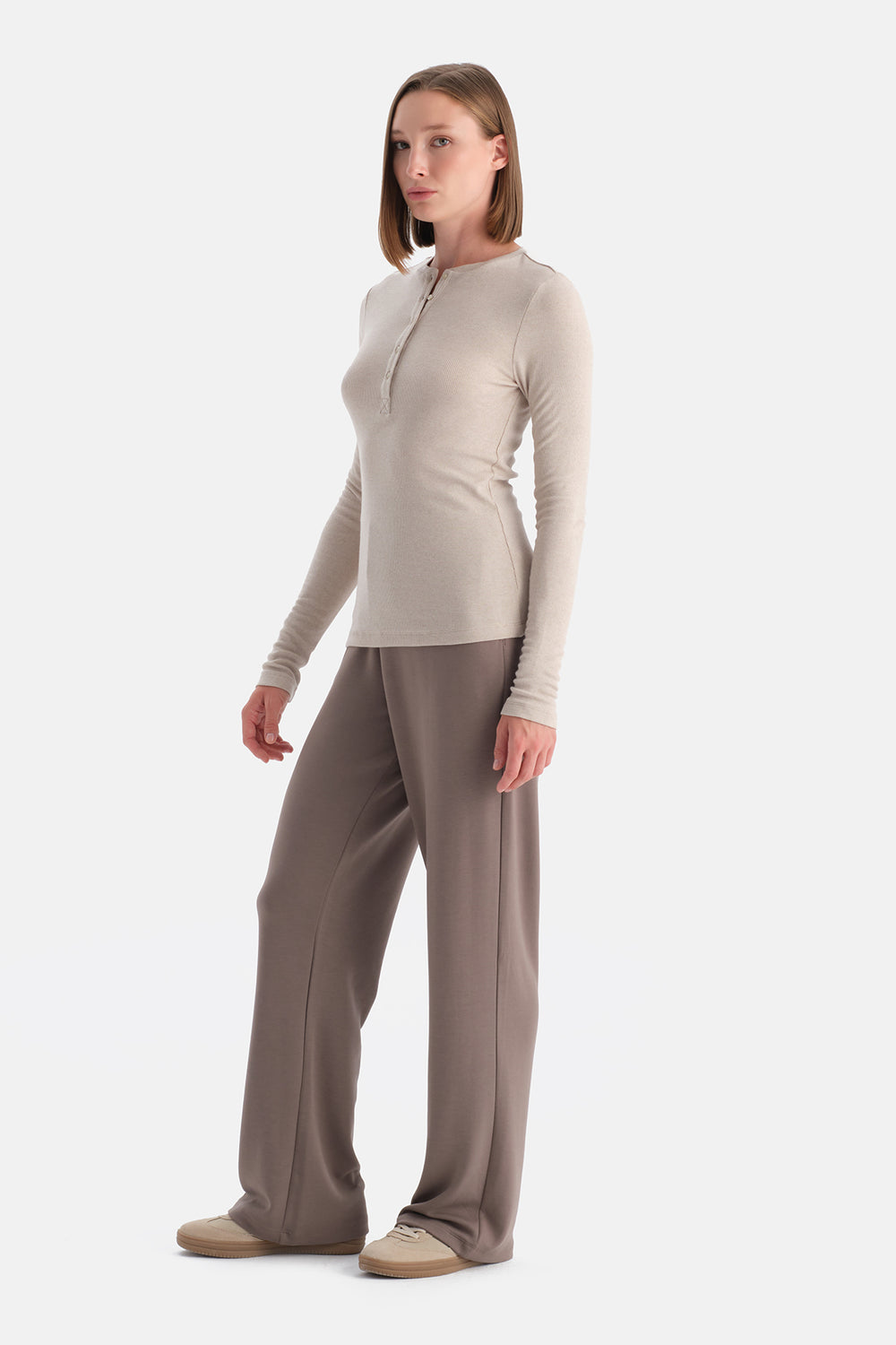 Sütlü Kahve Yarım Düğmeli Kaşmir Modal Uzun Kollu Tişört