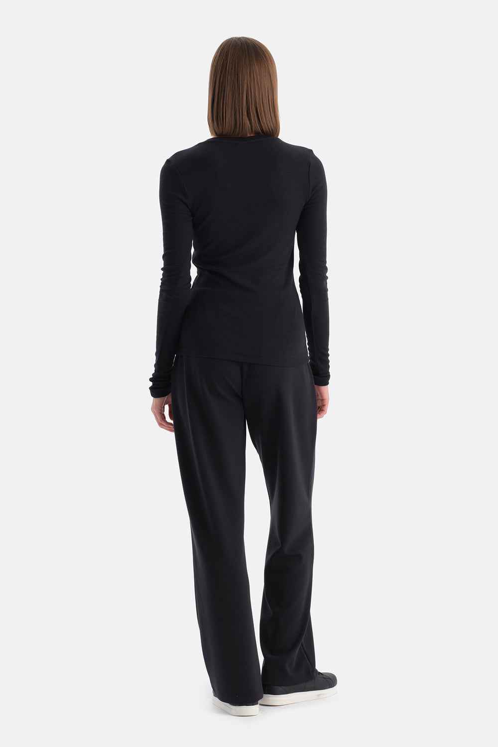 Siyah Yarım Düğmeli Kaşmir Modal Uzun Kollu Tişört