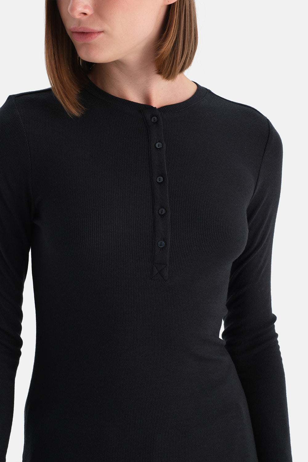 Siyah Yarım Düğmeli Kaşmir Modal Uzun Kollu Tişört
