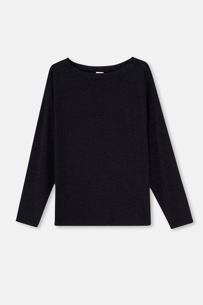 Antrasıt Hafif Kayık Yaka Soft Touch Uzun Kollu Tişört