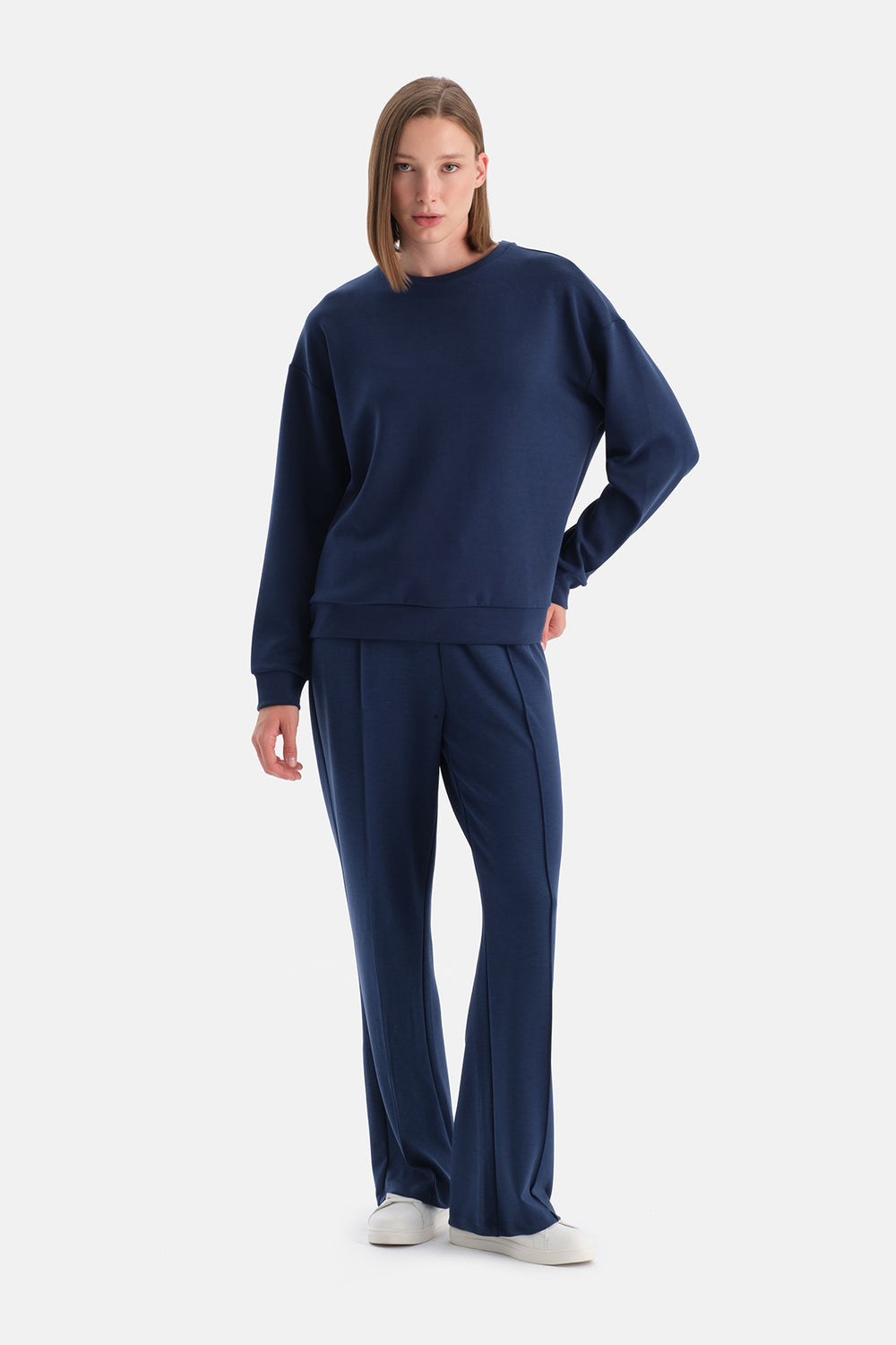 Lacivert Bol Paça Nervürlü Basic Modal Pantolon