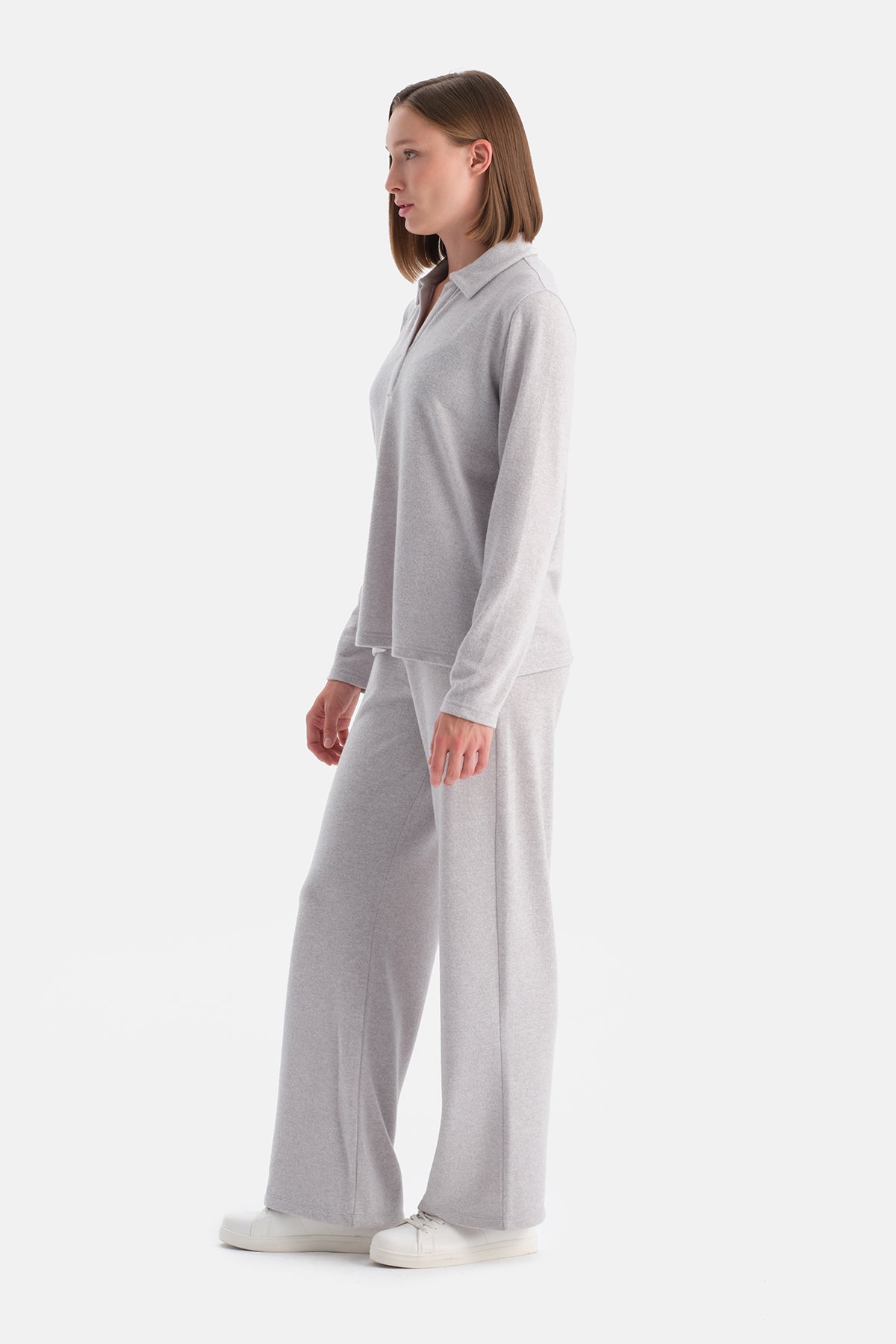 Gri Melanj Yüksek Bel Bol Paça Basic Pantolon