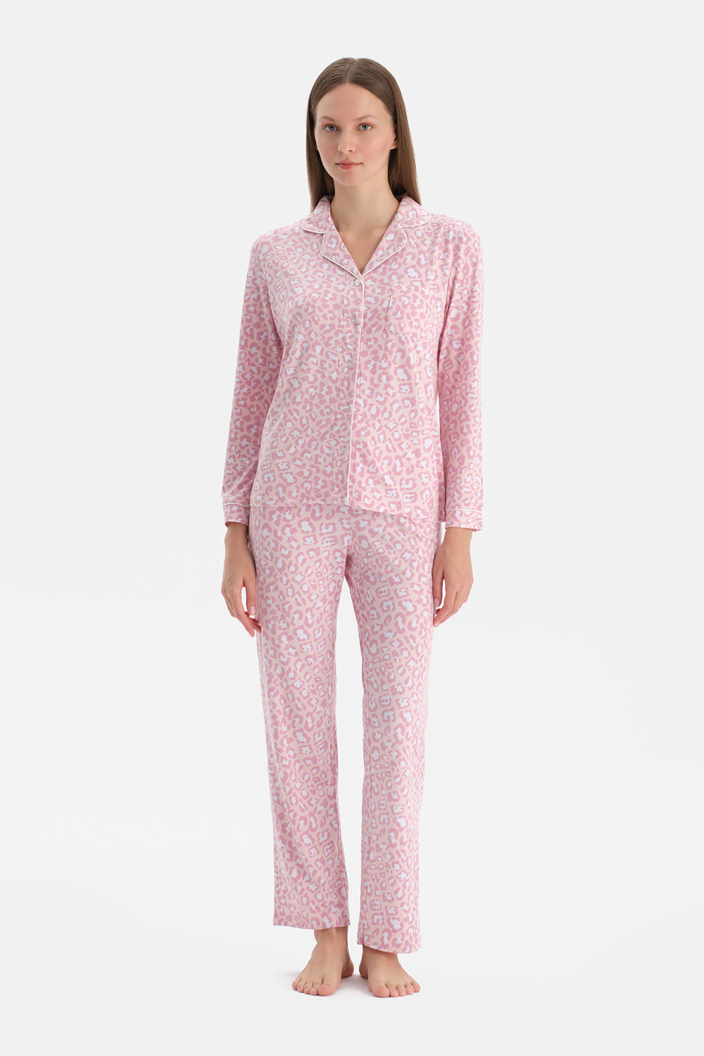 Açık Pembe Leopar Desenli Termal Pijama Takımı