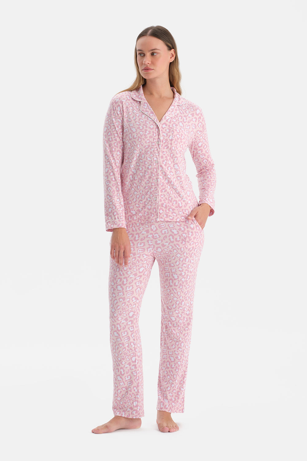 Açık Pembe Leopar Desenli Termal Pijama Takımı