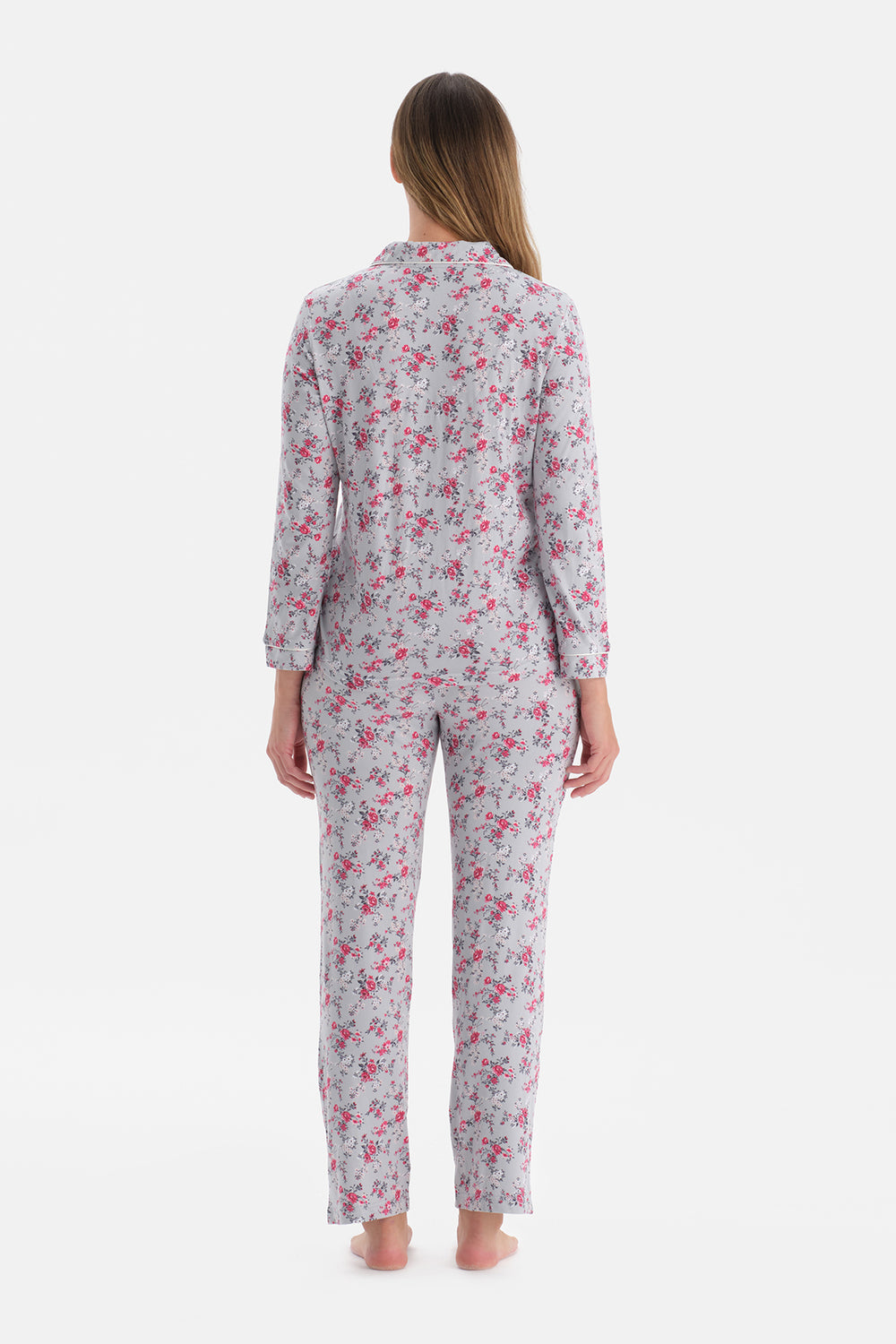 Açık Gri Çiçekli Termal Pijama Takımı