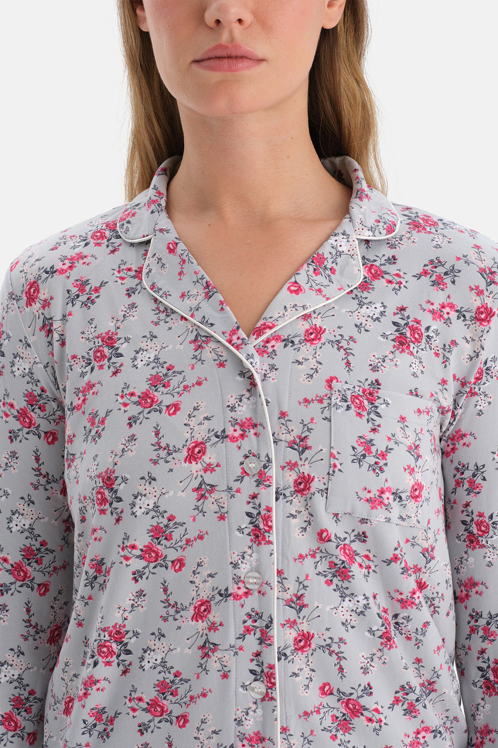 Açık Gri Çiçekli Termal Pijama Takımı