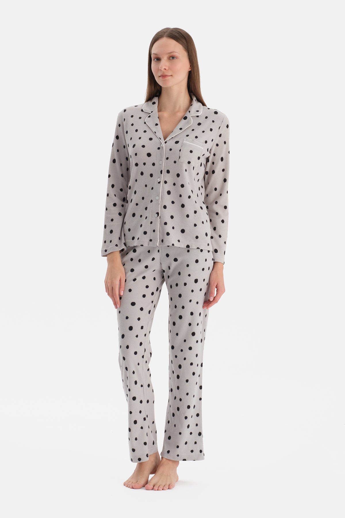 Açık Gri Puantiyeli Waffle Pijama Takımı