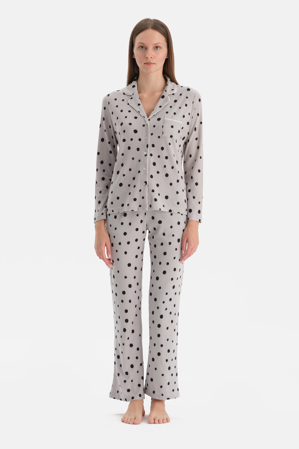 Açık Gri Puantiyeli Waffle Pijama Takımı