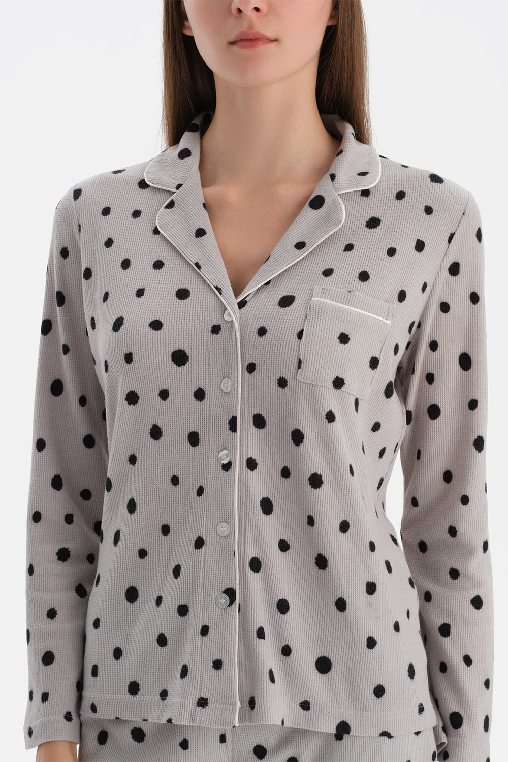 Açık Gri Puantiyeli Waffle Pijama Takımı