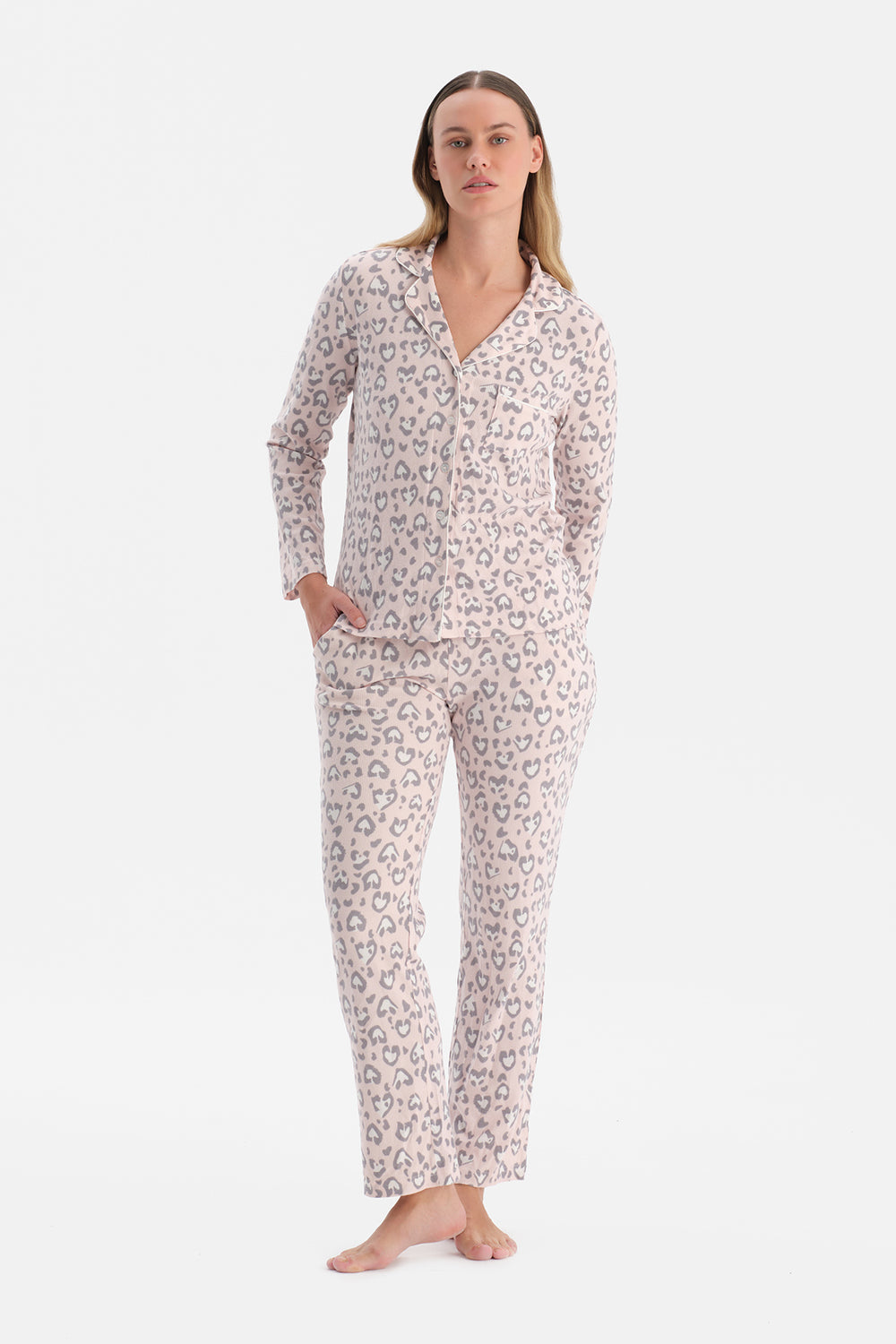 Açık Pembe Leopar Desenli Waffle Pijama Takımı