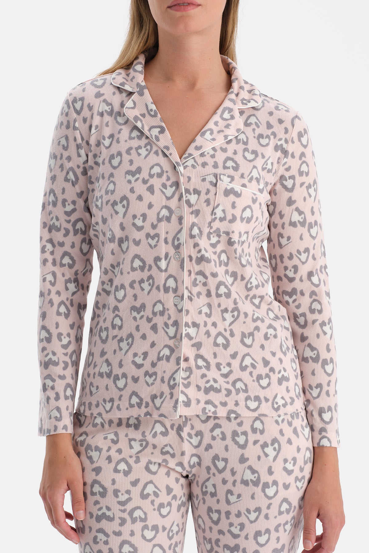 Açık Pembe Leopar Desenli Waffle Pijama Takımı