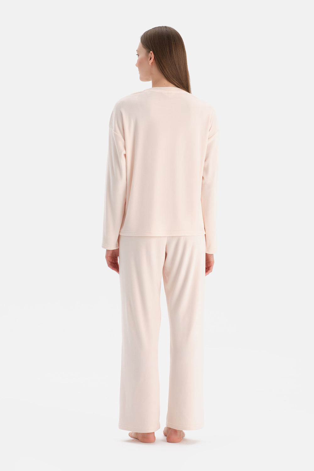 Açık Pembe Nakışlı Kadife Tişört Pantolon Pijama Takımı