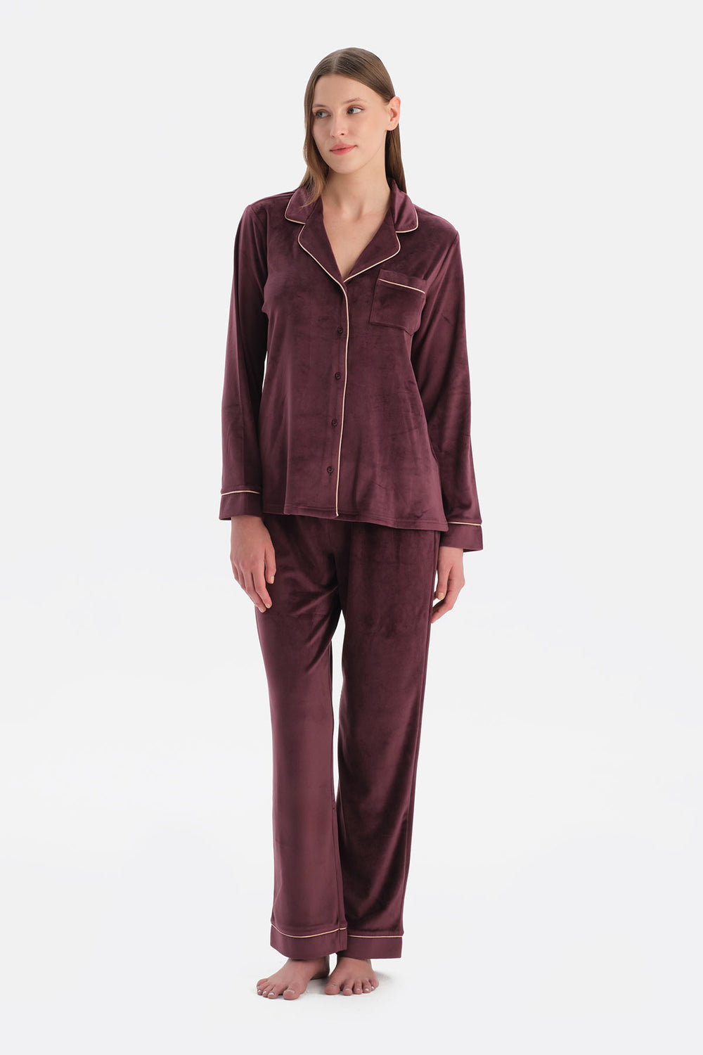 Bordo Biye Detaylı Kadife Gömlek Pantolon Pijama Takımı