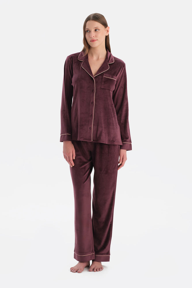 Bordo Biye Detaylı Kadife Gömlek Pantolon Pijama Takımı