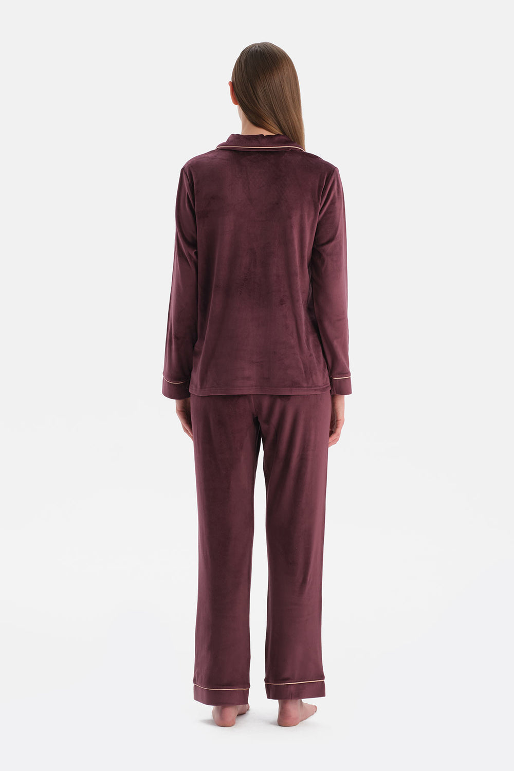 Bordo Biye Detaylı Kadife Gömlek Pantolon Pijama Takımı