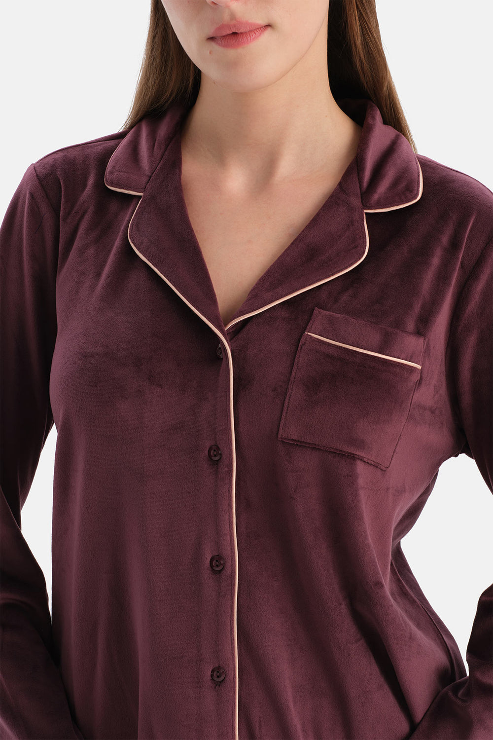 Bordo Biye Detaylı Kadife Gömlek Pantolon Pijama Takımı