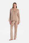 Sütlü Kahve Biye Detaylı Kadife Gömlek Pantolon Pijama Takımı
