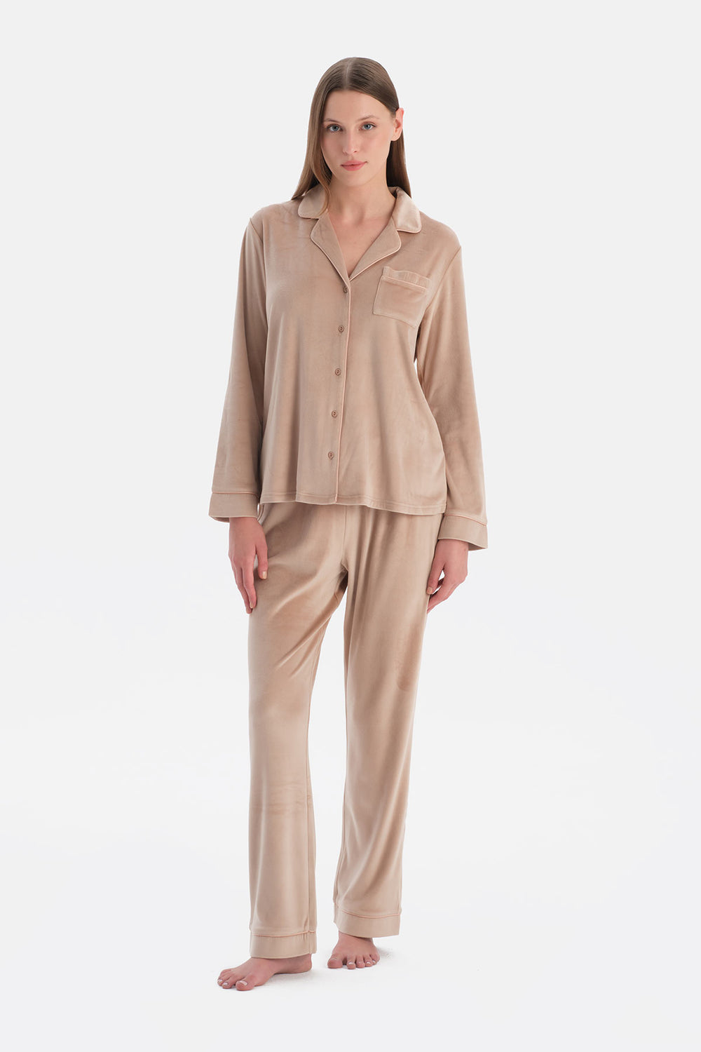 Sütlü Kahve Biye Detaylı Kadife Gömlek Pantolon Pijama Takımı