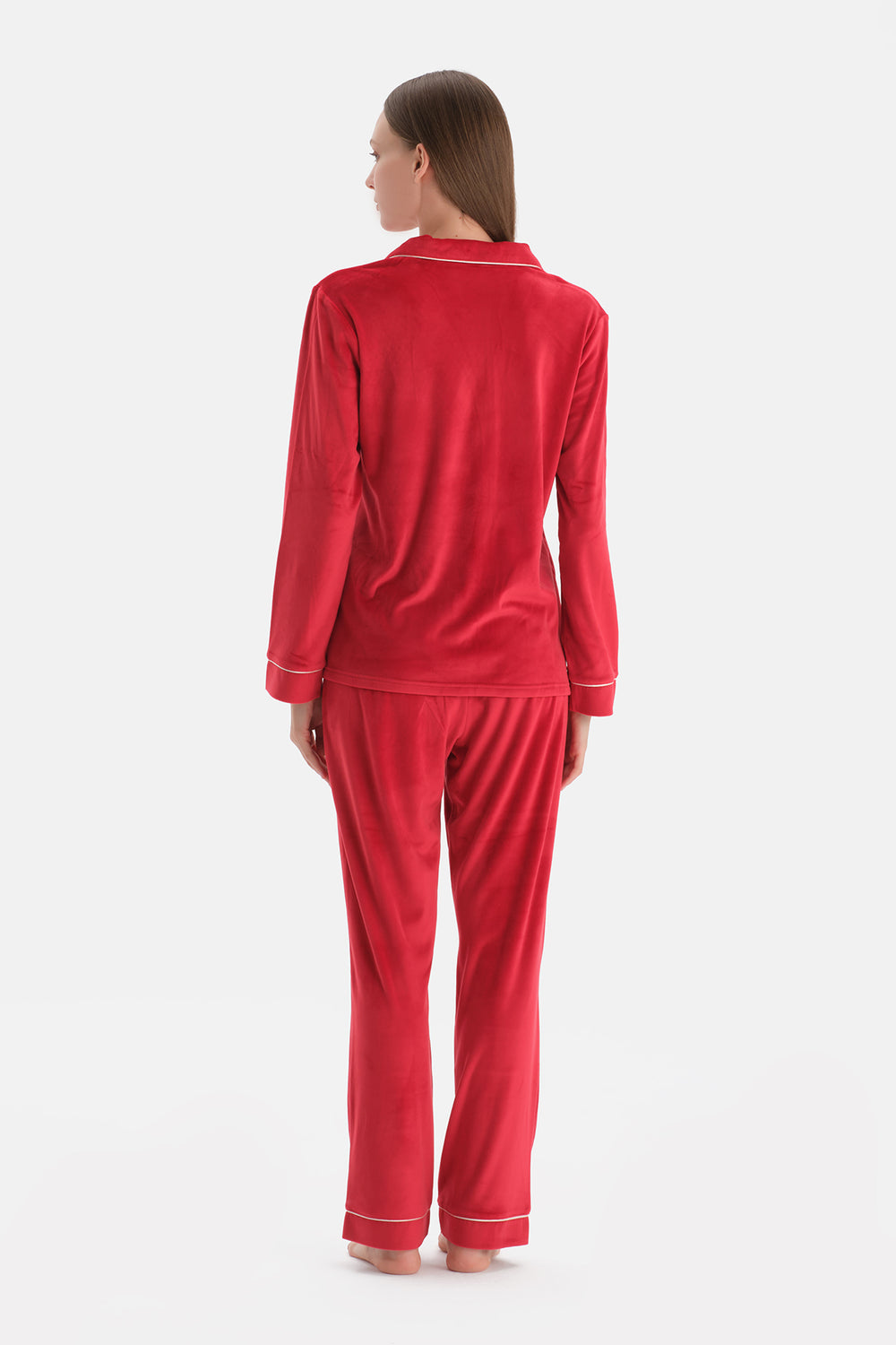 Kırmızı Biye Detaylı Kadife Gömlek Pantolon Pijama Takımı