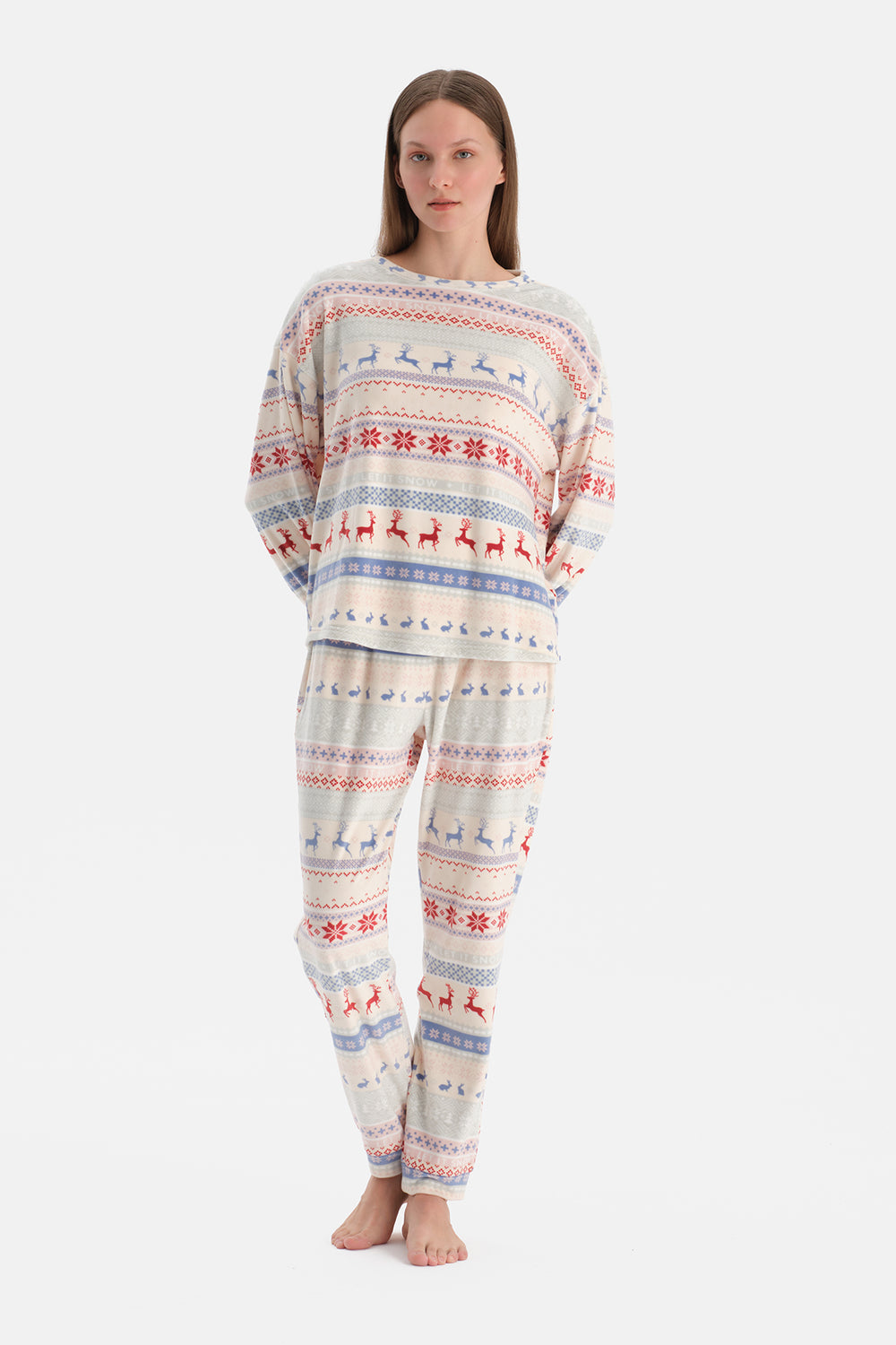 Multicolor Baskılı Kadife Tişört Pantolon Pijama Takımı