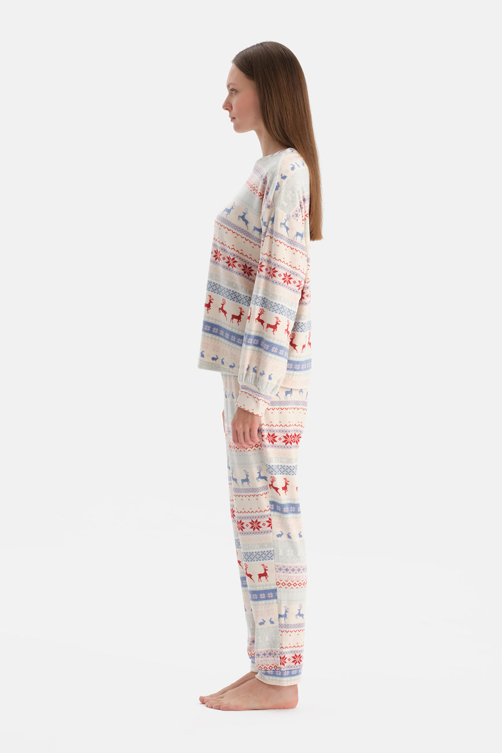 Multicolor Baskılı Kadife Tişört Pantolon Pijama Takımı