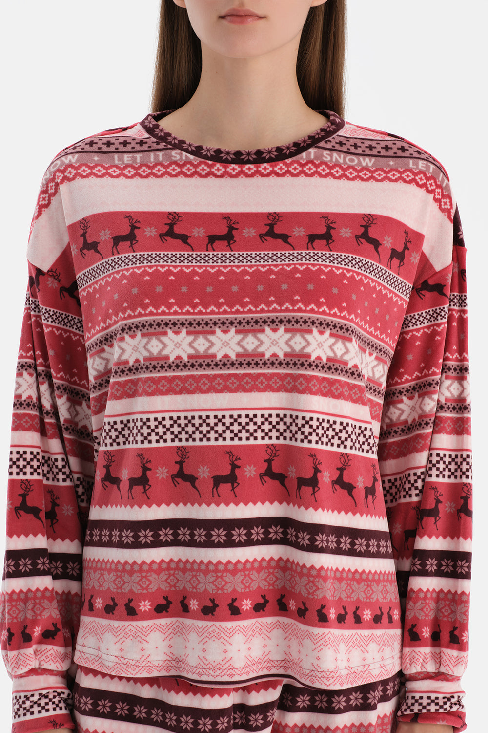 Kırmızı Baskılı Kadife Tişört Pantolon Pijama Takımı