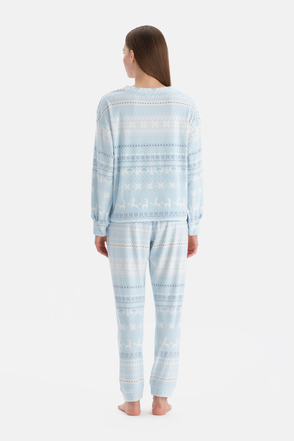 Açık Mavi Baskılı Kadife Tişört Pantolon Pijama Takımı