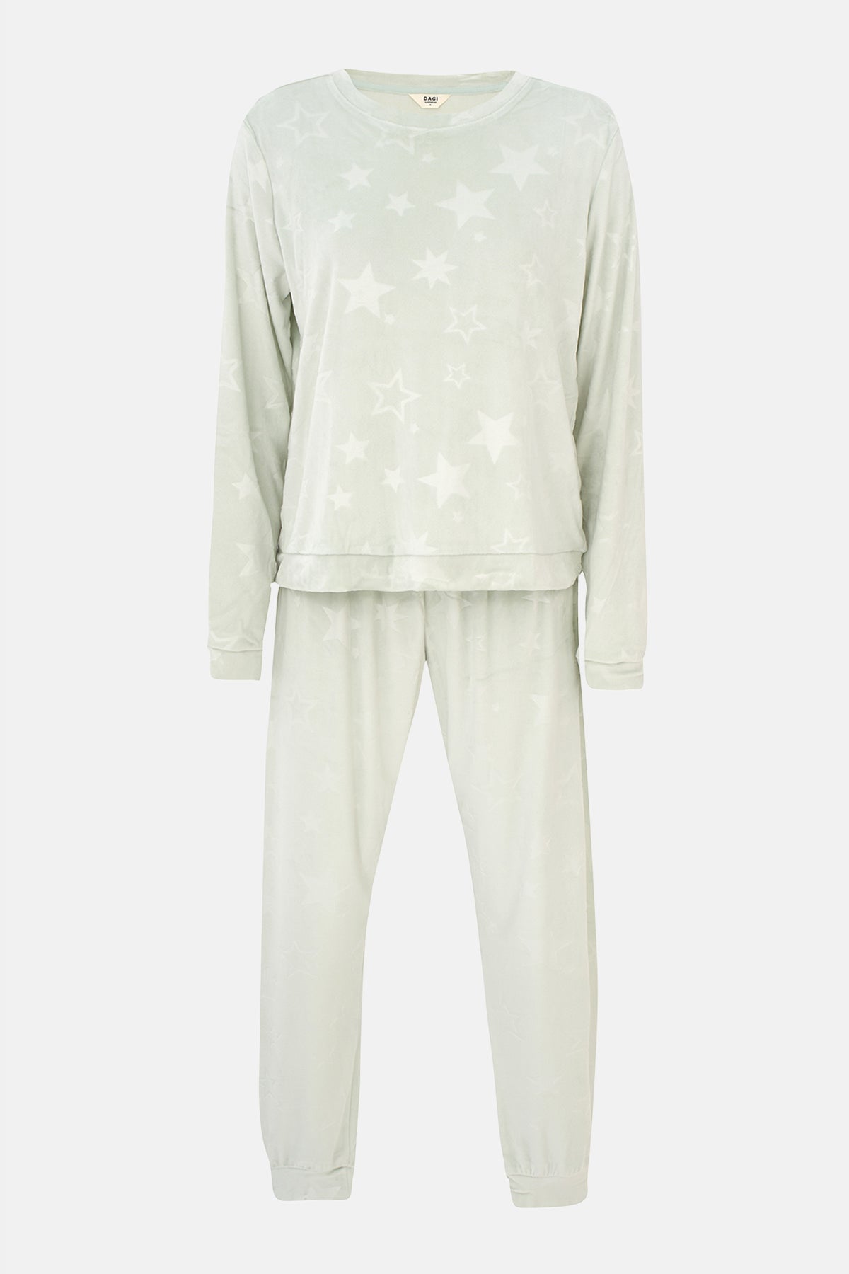 Su Yeşili Gofre Yıldız Baskılı Tişört Pantolon Pijama Takımı