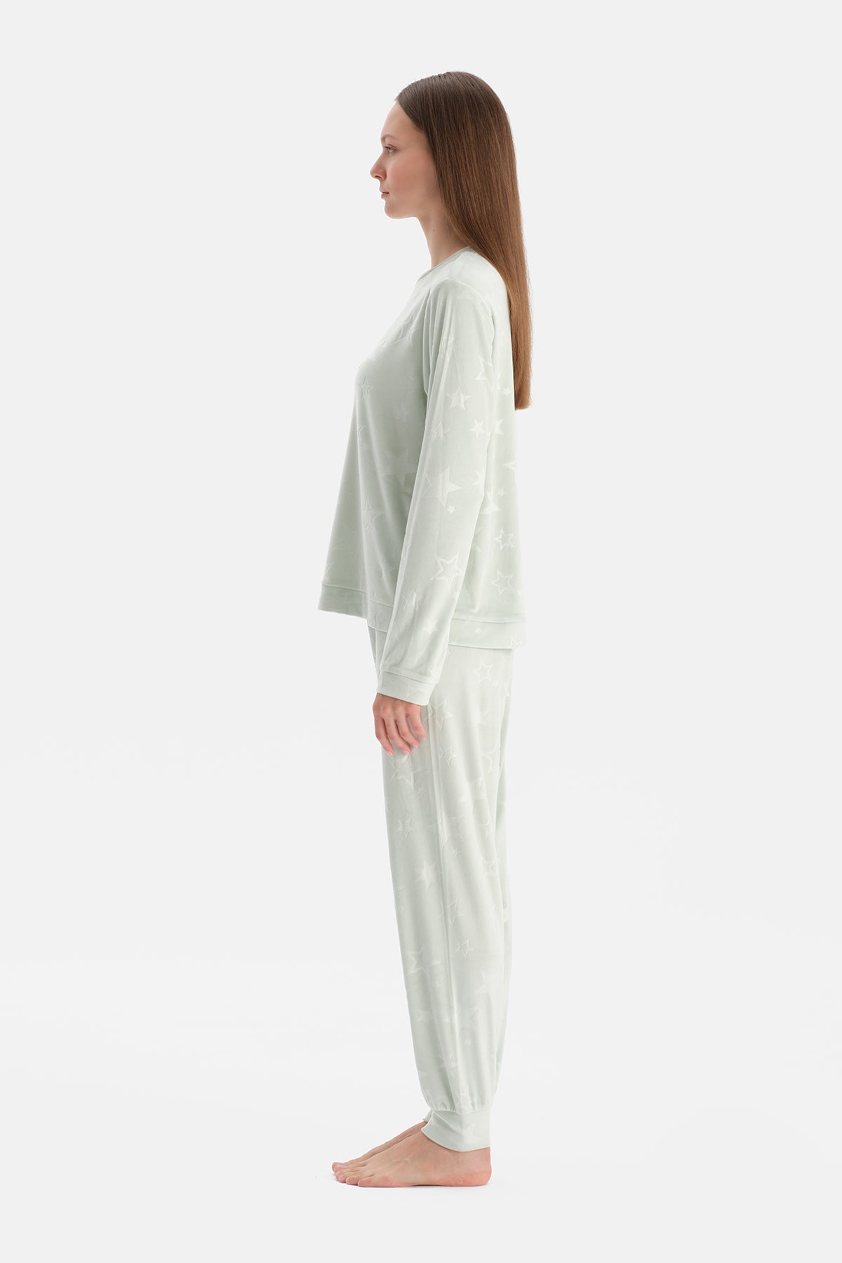 Su Yeşili Gofre Yıldız Baskılı Tişört Pantolon Pijama Takımı