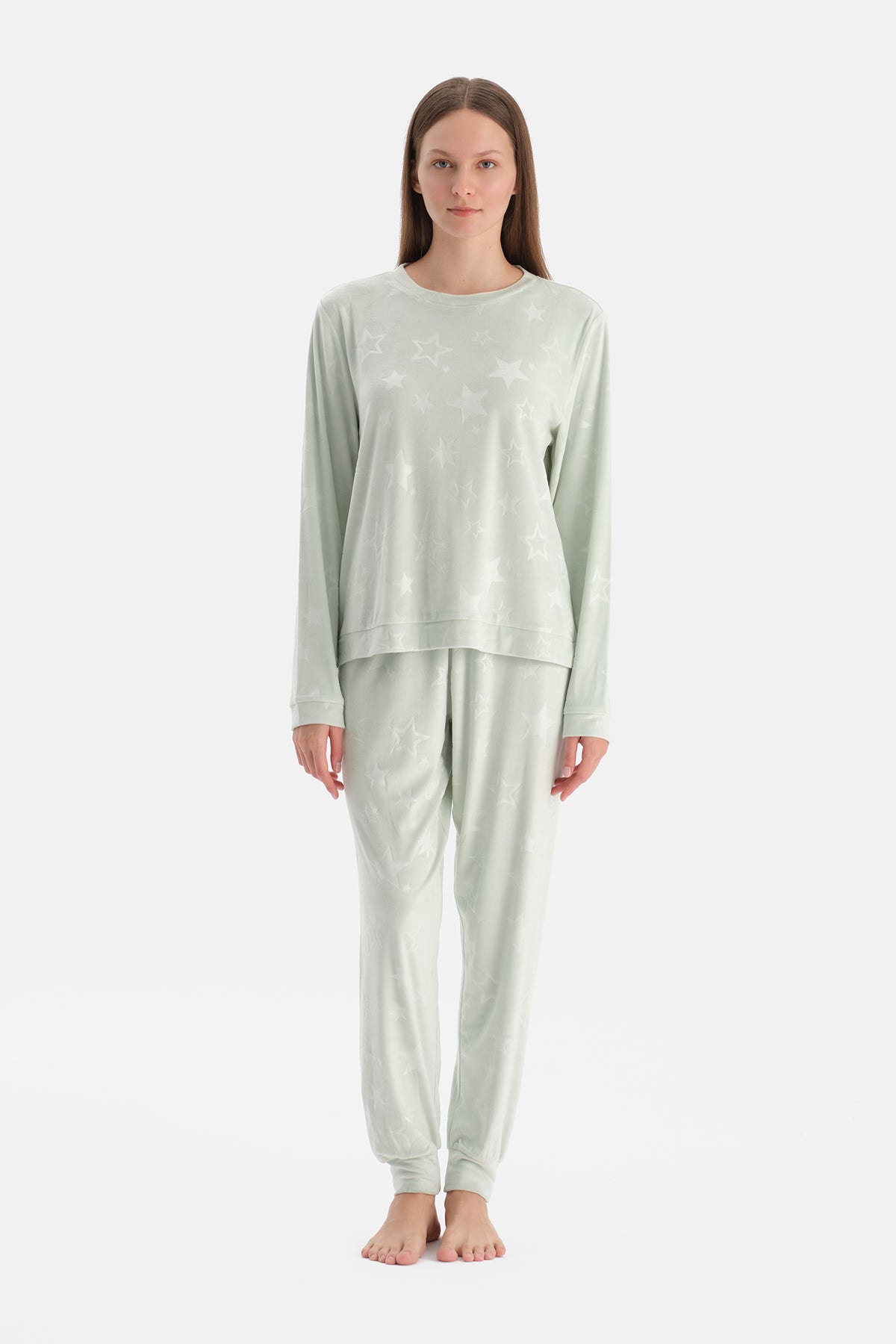 Su Yeşili Gofre Yıldız Baskılı Tişört Pantolon Pijama Takımı