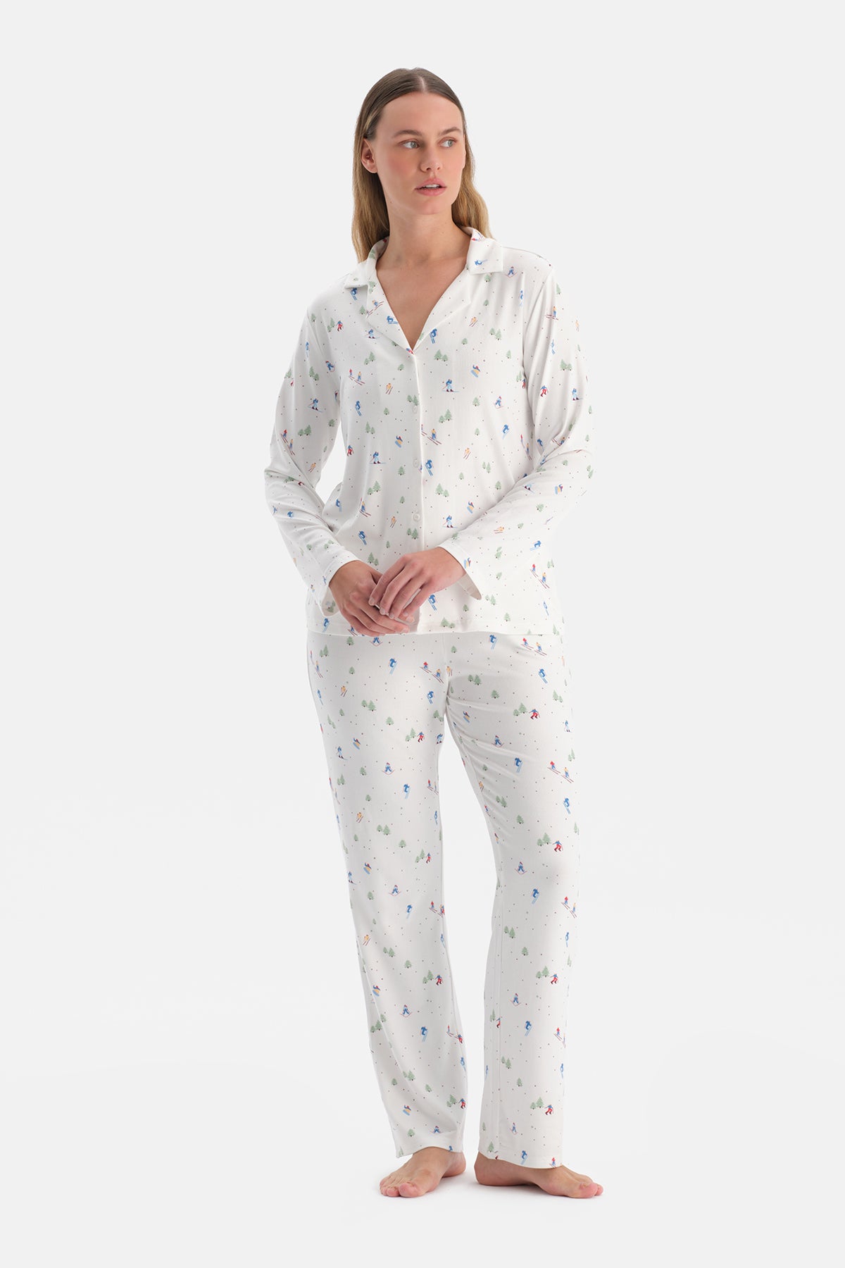 Ekru Baskılı Termal Gömlek Pantolon Pijama Takımı