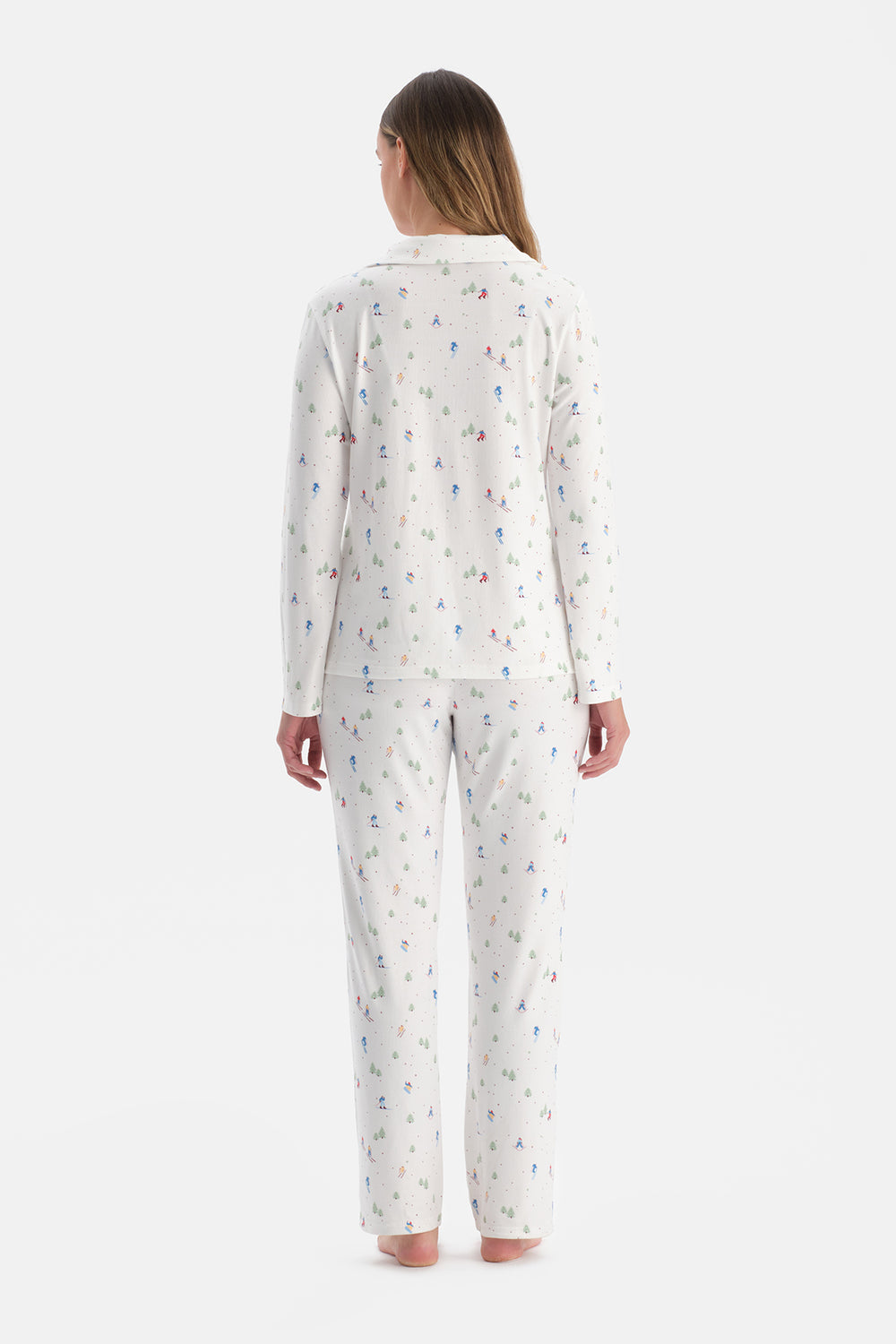 Ekru Baskılı Termal Gömlek Pantolon Pijama Takımı