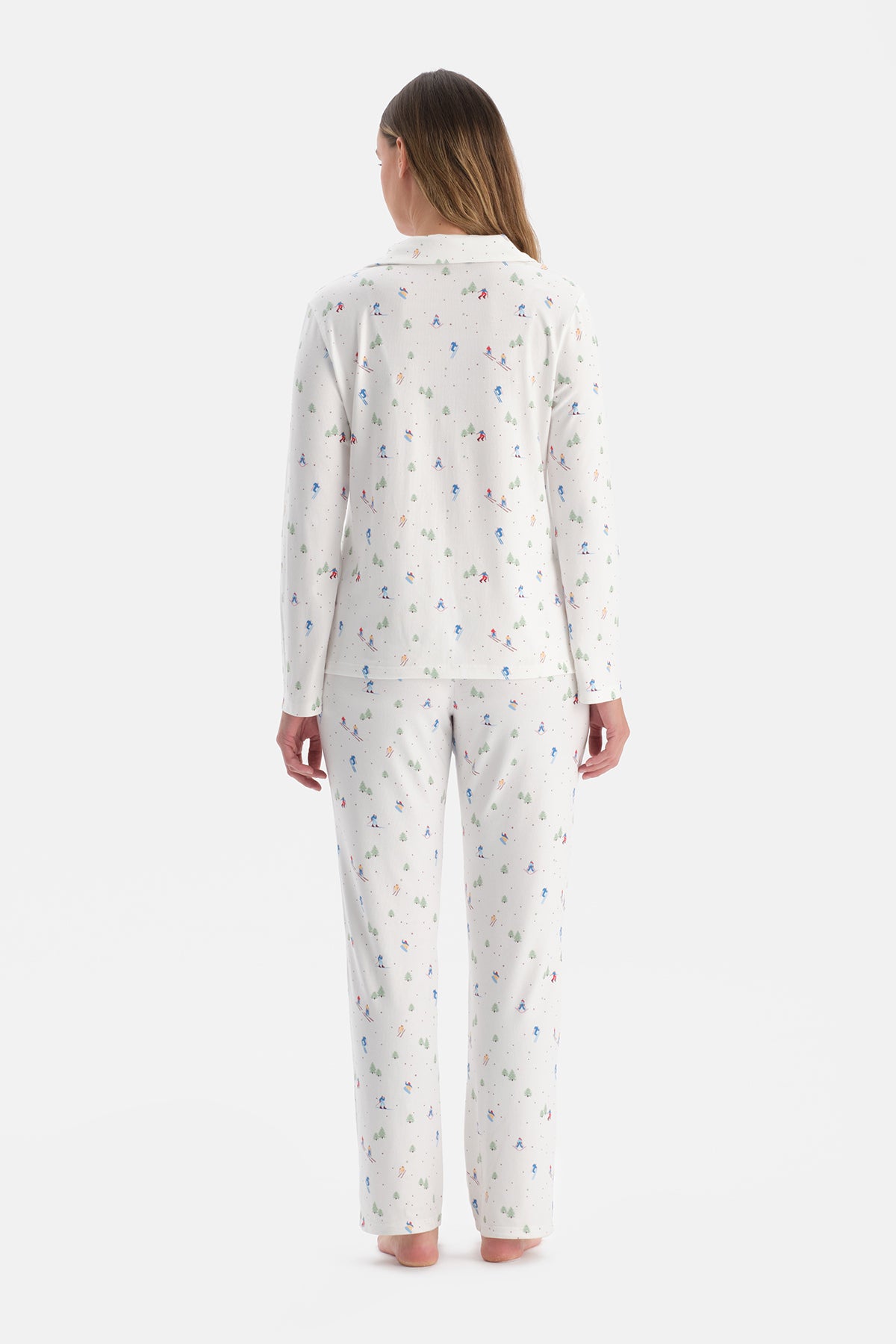 Ekru Baskılı Termal Gömlek Pantolon Pijama Takımı