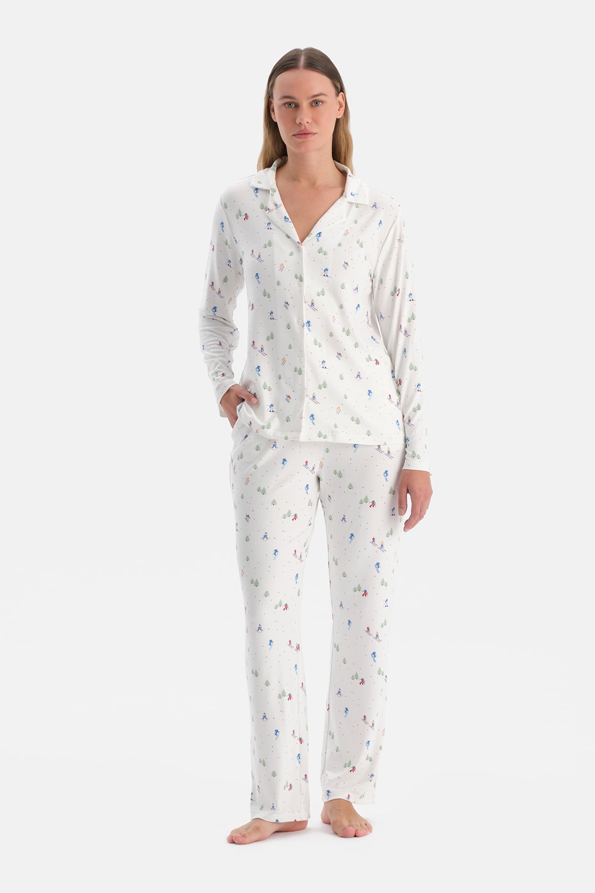 Ekru Baskılı Termal Gömlek Pantolon Pijama Takımı