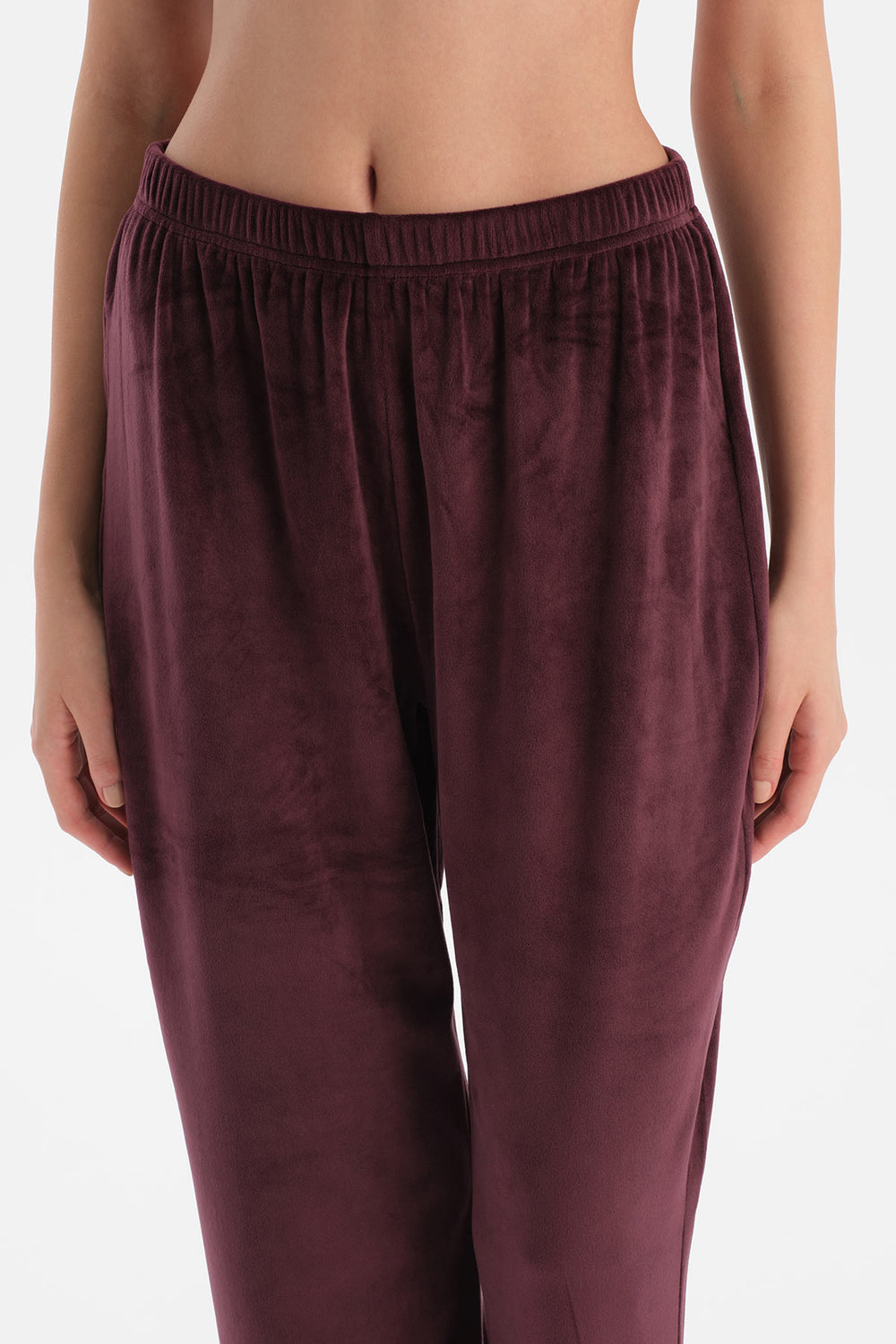 Bordo Uzun Kollu Kadife Tişört Pantolon Pijama Takımı