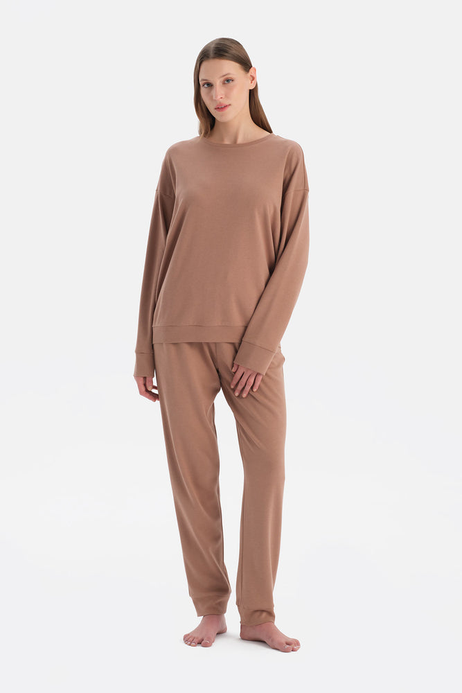 Sütlü Kahve Bisiklet Yaka Jogger Paça Celliant Pijama Takımı