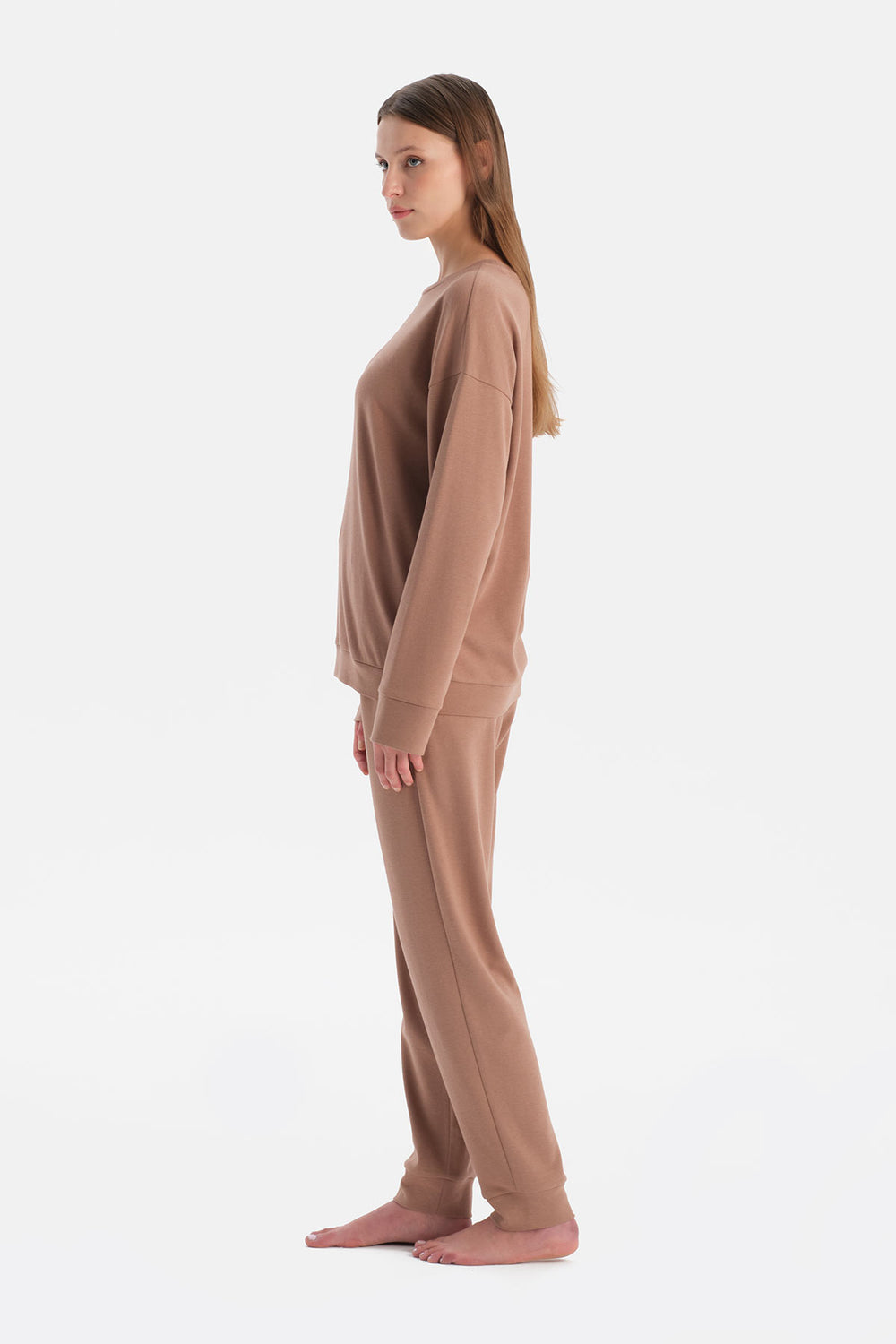 Sütlü Kahve Bisiklet Yaka Jogger Paça Celliant Pijama Takımı