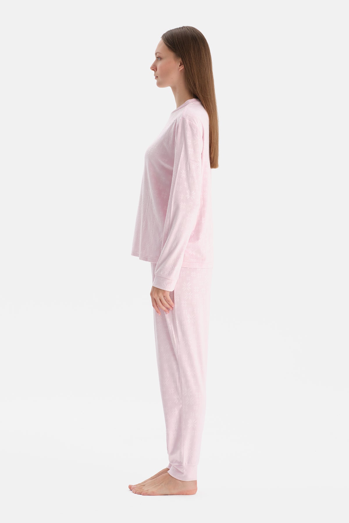 Açık Pembe Gofre Kar Baskılı Tişört Pantolon Pijama Takımı